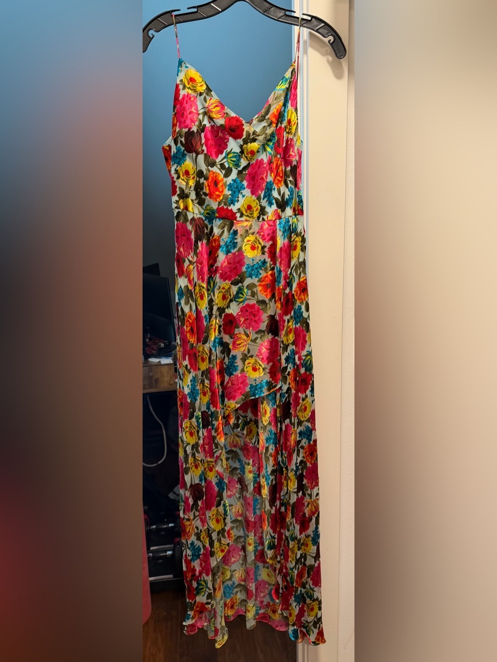 Alice + Olivia Vivid Floral High-Low Maxi Dress — Pink, Yellow, Blue